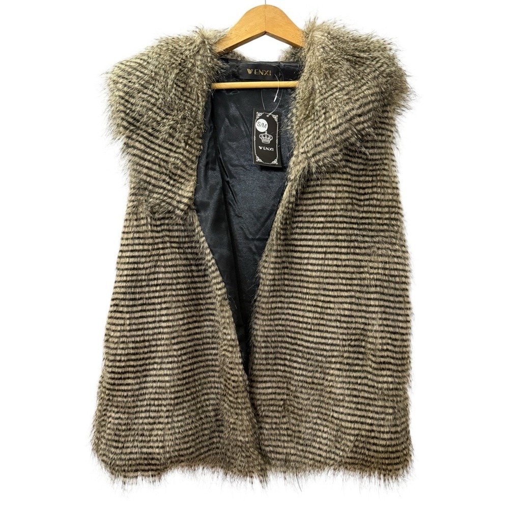 NEW Wenxi Faux Fur Vest Women S/M Pre-Owned Brown Striped Collar Glam Pockets